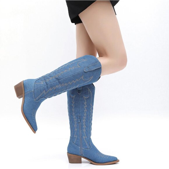 Women's Blue Knee High Long Pointed Toe With Zip Western Cowboy Boots - Picture 8 of 8